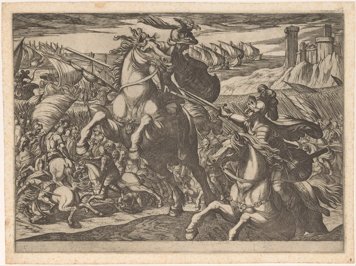 Cavalerie gevecht met twee strijders op de voorgrond by Antonio Tempesta, print, 1601