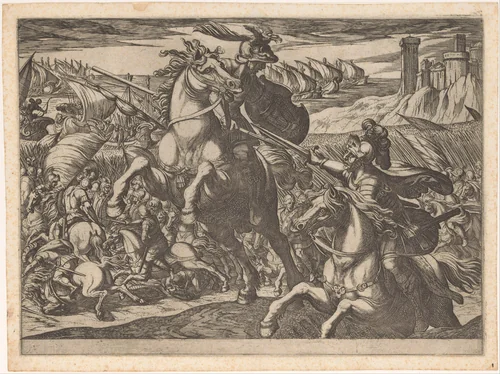 Cavalerie gevecht met twee strijders op de voorgrond by Antonio Tempesta, print, 1601