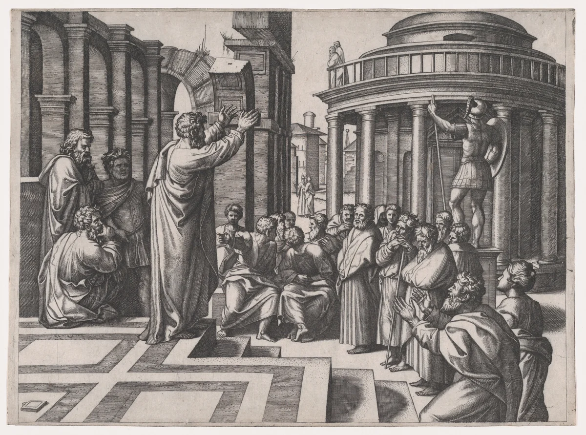Saint Paul preaching in Athens, after Raphael by Marcantonio Raimondi, print, 1512-1525