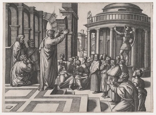 Saint Paul preaching in Athens, after Raphael by Marcantonio Raimondi, print, 1512-1525