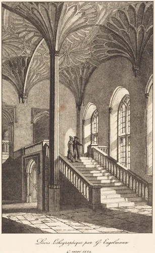 Man and Woman Descending Staircase by Gottfried Engelmann, print, 1819