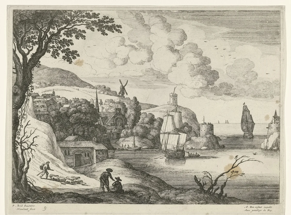 Dorp aan een baai by Unknown, print, 1594-1635