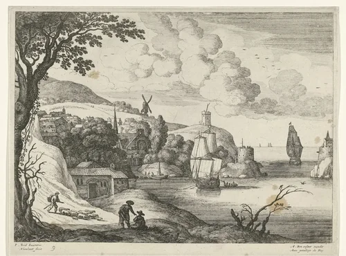 Dorp aan een baai by Unknown, print, 1594-1635