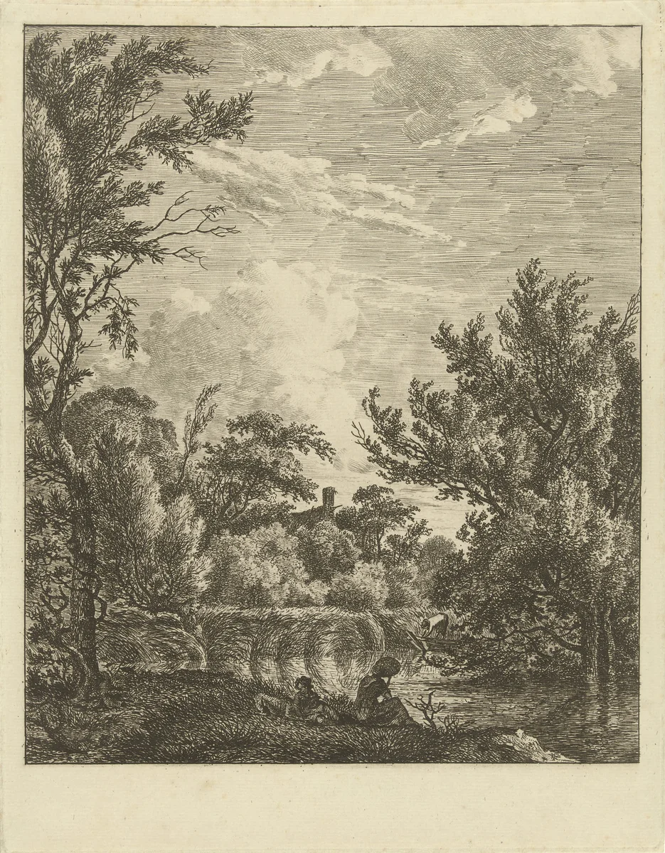 Landschap met vrouw aan waterkant by Hermanus Fock, print, 1781-1822