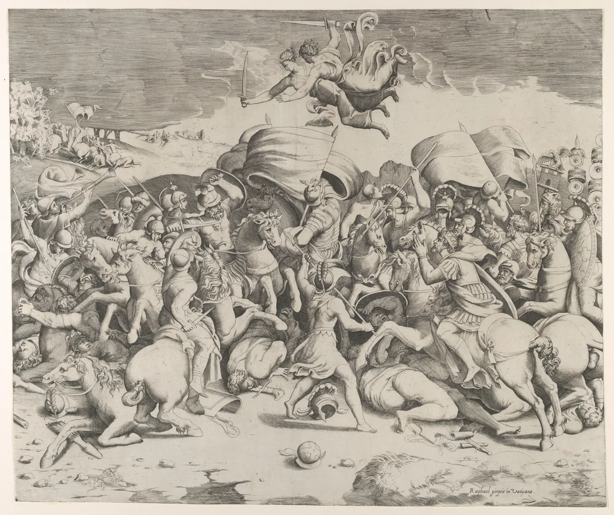 Constantine defeating the tyrant Maxentius, angels carrying swords fly above by Giulio Bonasone, print, 1544