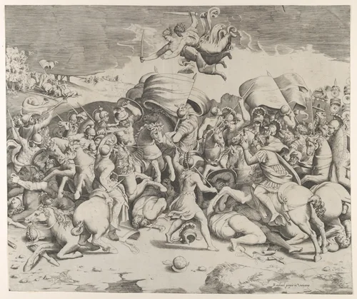Constantine defeating the tyrant Maxentius, angels carrying swords fly above by Giulio Bonasone, print, 1544
