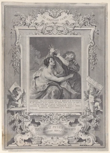 Joseph and Potiphar's wife, within an ornate frame by Pietro Monaco, print, 1739