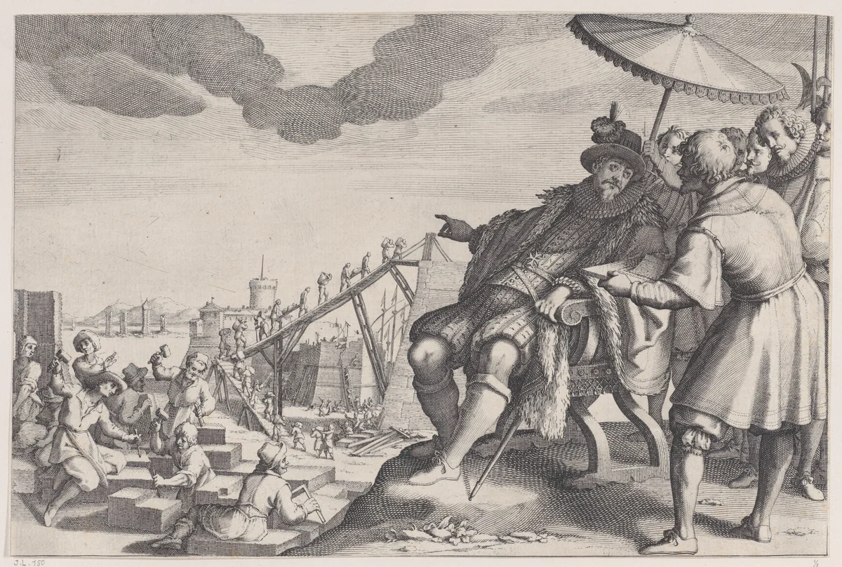 Le Grand Duc Fait Fortifier le Port de Livourne (The Grand Duke Fortifying the Port of Livourne), from "La Vie de Ferdinand Ier de Médicis série appelée aussi Les Batailles des Médicis" (The Life of Ferdinand I de'Medici also called The Medici Battles) by Jacques Callot, print, 1614-1620