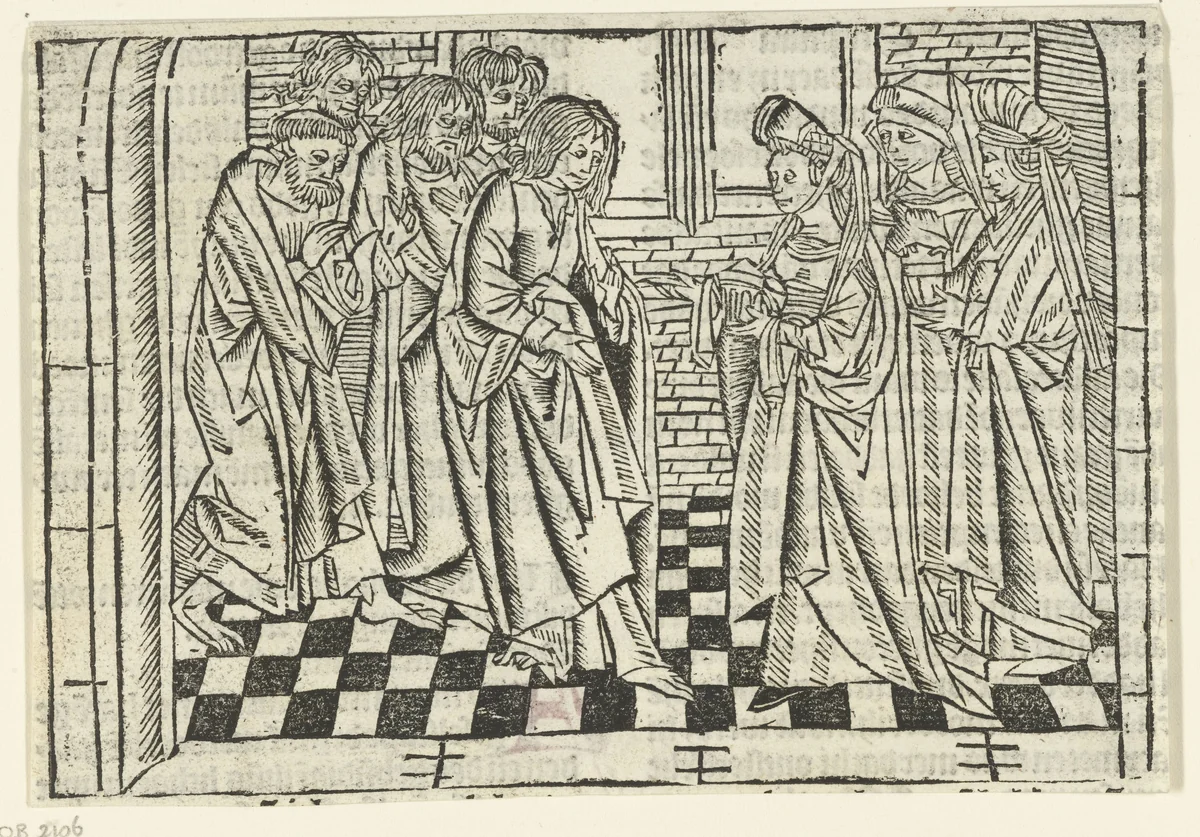 De drie Maria's bij de discipelen by Unknown, print, 1480-1500