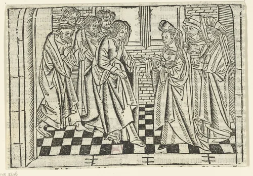 De drie Maria's bij de discipelen by Unknown, print, 1480-1500
