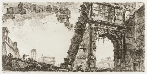 1. Arch of Titus. 2. Villa Farnese. 3. Columns of the Temple of Jupiter Stator [the Supporter]. 4. Arch of Septimius Severus. 5. Temple of Peace, plate six from Some Views of Triumphal Arches and other Monuments by Giovanni Battista Piranesi, print, 1748