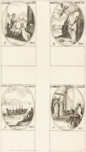 St. Stanislaus; The Apparition of St. Michael; The Translation of St. Nicholas; St. Gregory of Nazianzus by Jacques Callot, print, 1627-1637