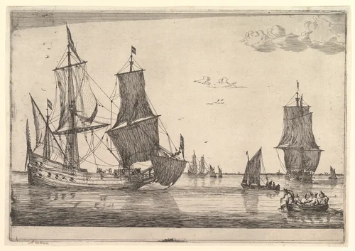 Large Sailing Vessel and Rowing Boat by Reinier Nooms, print, 1635-1670