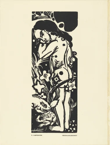 Girl with Frogs (Mädchen mit Fröschen) (plate, preceding p. 225) from the periodical Das Kunstblatt, vol. 1, no. 8 (Aug 1917) by Heinrich Campendonk, print, 1917