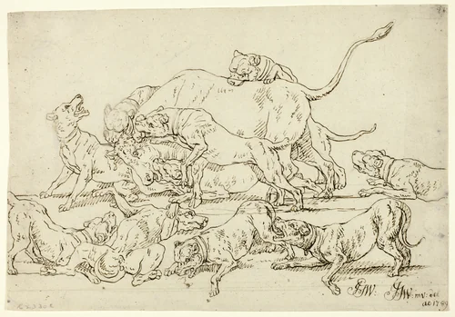 Dogs Attacking a Bull by Joseph Georg Wintter, drawing, 1789