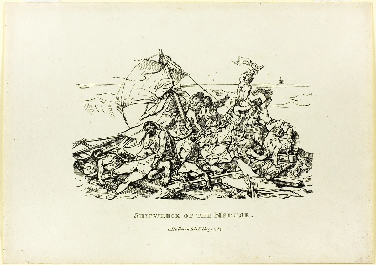Shipwreck of the Medusa by Jean Louis André Théodore Géricault and Nicolas Toussaint Charlet and Charles Joseph Hullmandel, print, 1820