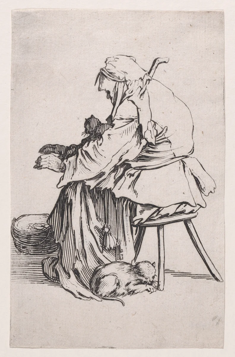 La Vieille aux Chats (The Old Woman with Cats), from "Les Gueux suite appelée aussi Les Mendiants, Les Baroni, ou Les Barons" (The Beggars, also called the Barons) by Jacques Callot, print, 1618-1628