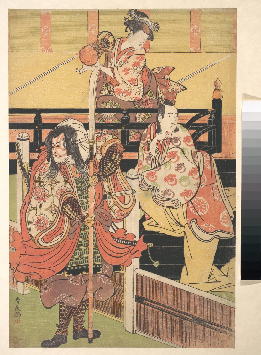 On a Balcony a Woman is Seated Playing a Tsuzumi, below a Man in Daimyo Costume is Seated upon a Black Lacquer Box by Torii Kiyonaga (鳥居清長), print, 1780-1800