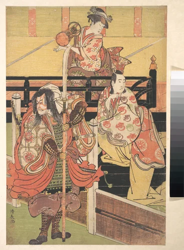 On a Balcony a Woman is Seated Playing a Tsuzumi, below a Man in Daimyo Costume is Seated upon a Black Lacquer Box by Torii Kiyonaga (鳥居清長), print, 1780-1800