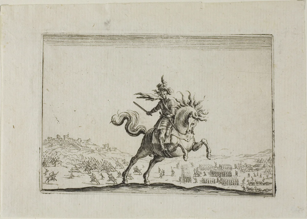The Commander on Horseback, from The Caprices by Jacques Callot, print, 1617-1627