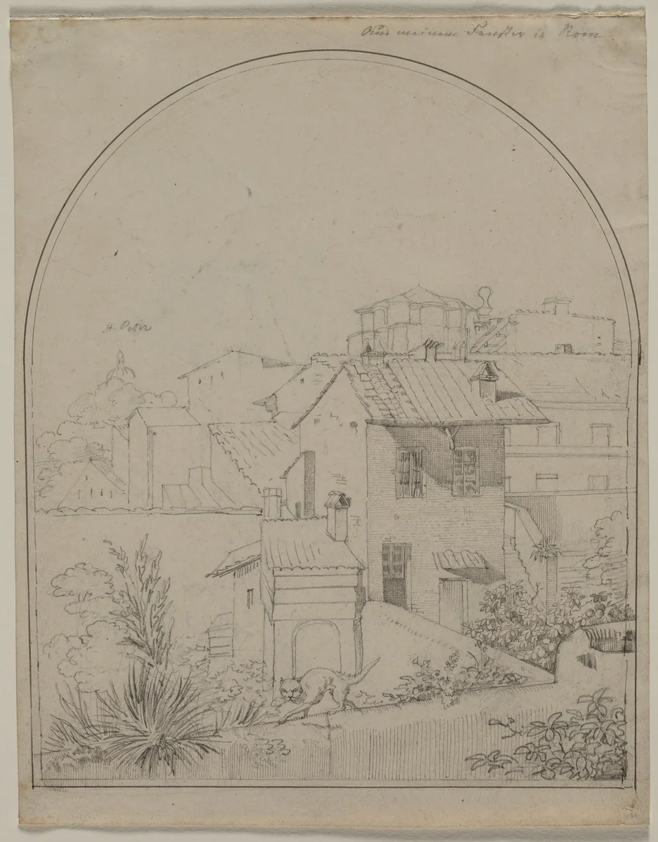 View from My Window in Rome (recto) by Carl Ludwig Tischbein, drawing, 1814-1824
