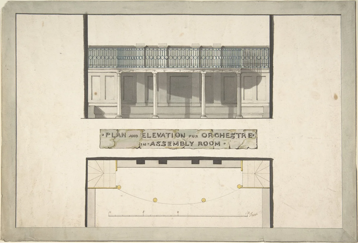 Design for an Orchestra Gallery in an Assembly Room, Plan and Elevation by anonymous, drawing, 1795-1805