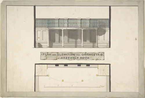Design for an Orchestra Gallery in an Assembly Room, Plan and Elevation by anonymous, drawing, 1795-1805