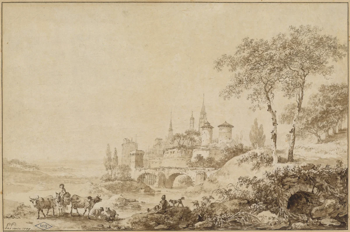 Shepherds in a Landscape before a Fortified Town by Jean Baptiste Le Prince, drawing, 1777
