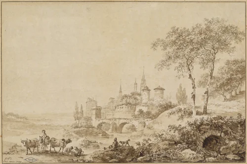 Shepherds in a Landscape before a Fortified Town by Jean Baptiste Le Prince, drawing, 1777