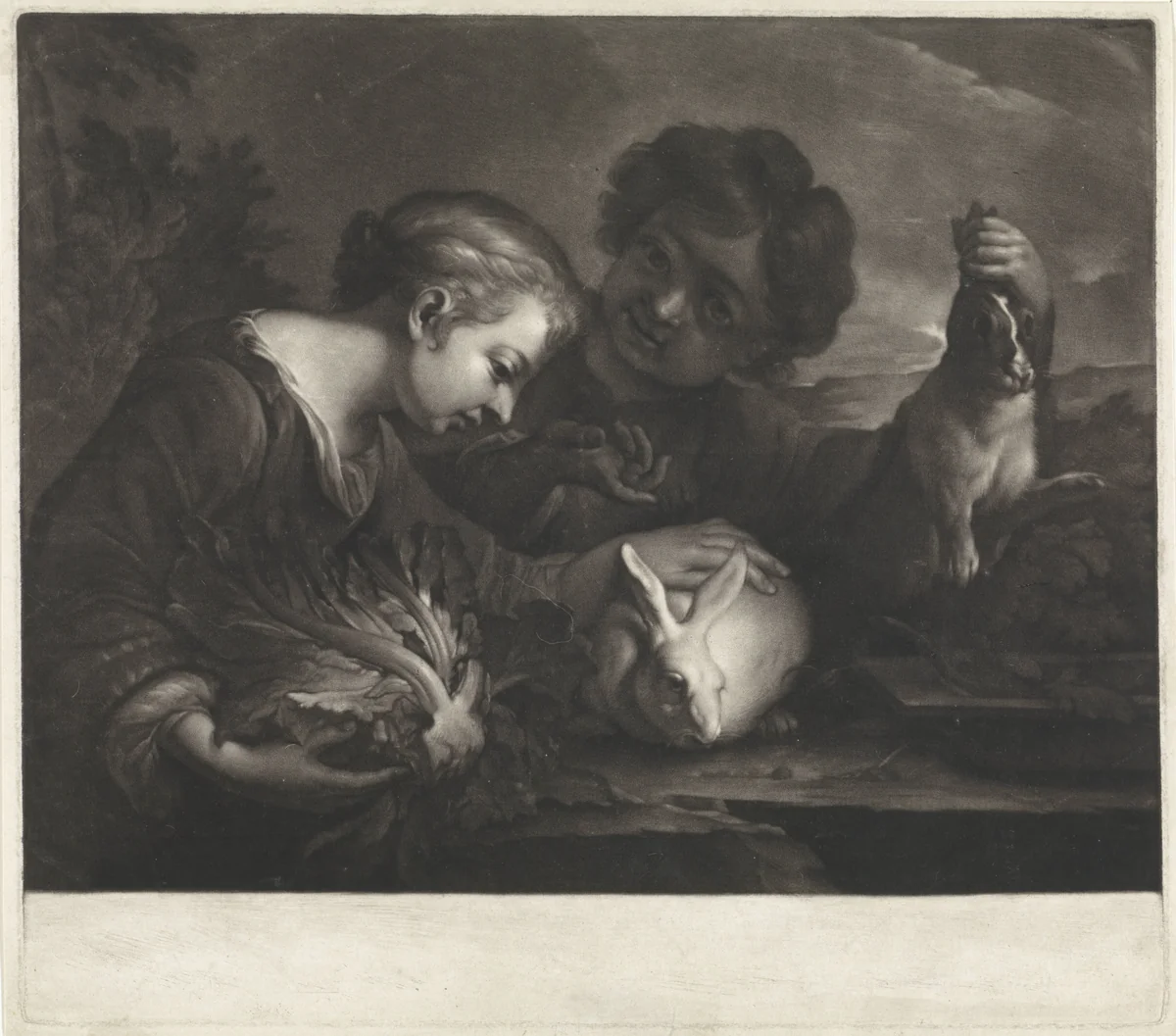 Twee kinderen met konijnen by Pieter van Bleeck, print, 1757