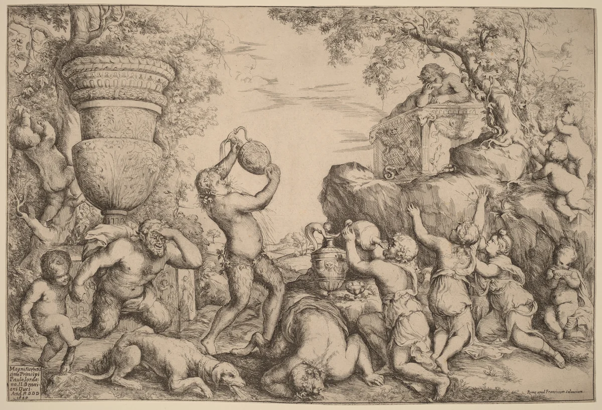 Bacchanal by Giovanni Andrea Podestà, print, 1640