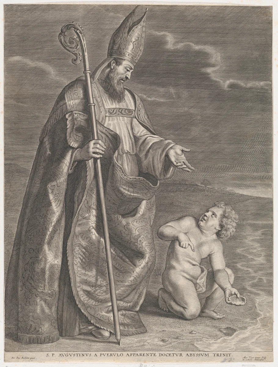 Saint Augustine, appearing to a child on a beach by Alexander Voet, print, 1657-1700