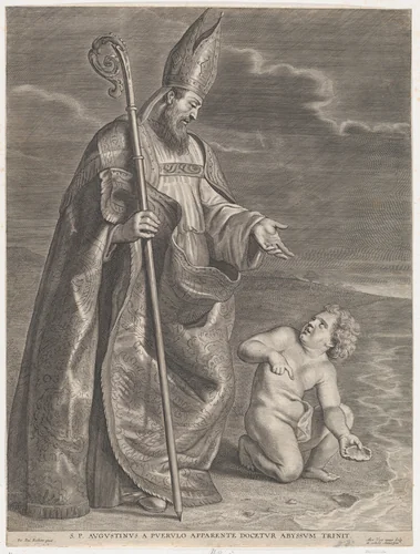 Saint Augustine, appearing to a child on a beach by Alexander Voet, print, 1657-1700