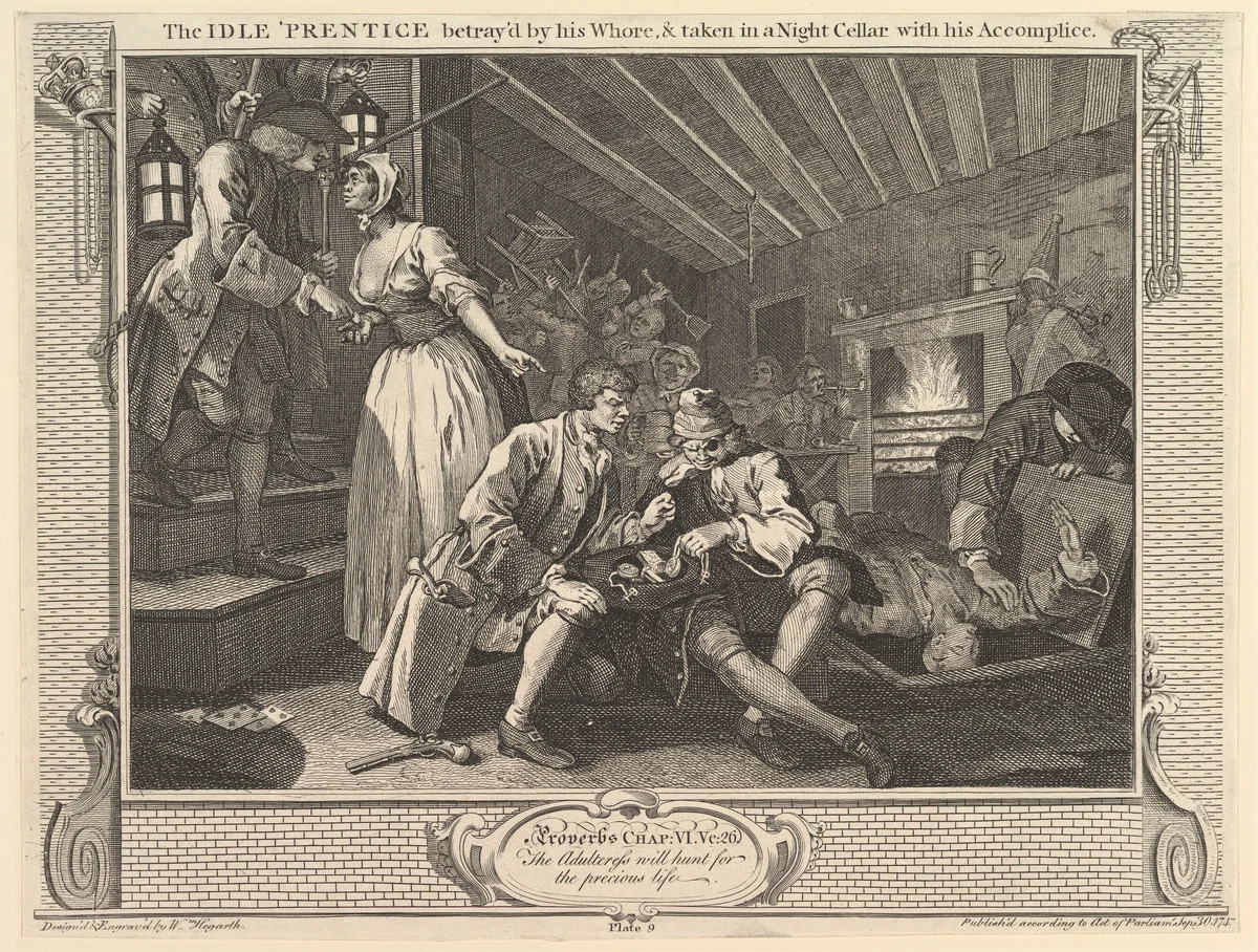 The Idle 'Prentice Betrayed by his Whore and Taken into a Night Cellar with his Accomplice: Industry and Idleness, plate 9 by William Hogarth, print, 1747