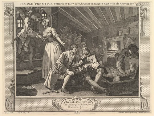 The Idle 'Prentice Betrayed by his Whore and Taken into a Night Cellar with his Accomplice: Industry and Idleness, plate 9 by William Hogarth, print, 1747