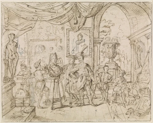 Bezoek aan de werkplaats van W. van de Berge by anonymous, drawing, 1650-1750