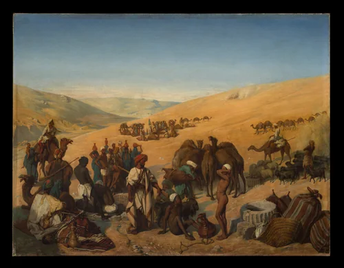Halt of Caravans at the Wells of Saba (Beersheba) in the Desert South of Hebron by Charles de Coubertin, painting, 1850