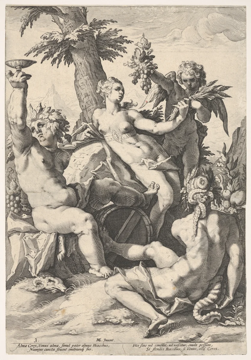 The Alliance of Venus with Bacchus and Ceres by Jacob Matham, print, 1580-1631