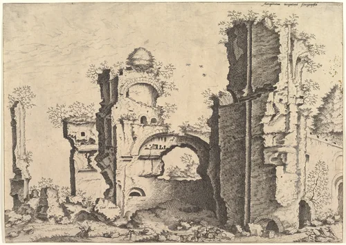 View of ruins, possibly the Baths of Caracalla, from "The Small book of Roman ruins and buildings" (Operum antiquorum romanorum) by Hieronymus Cock, print, 1561