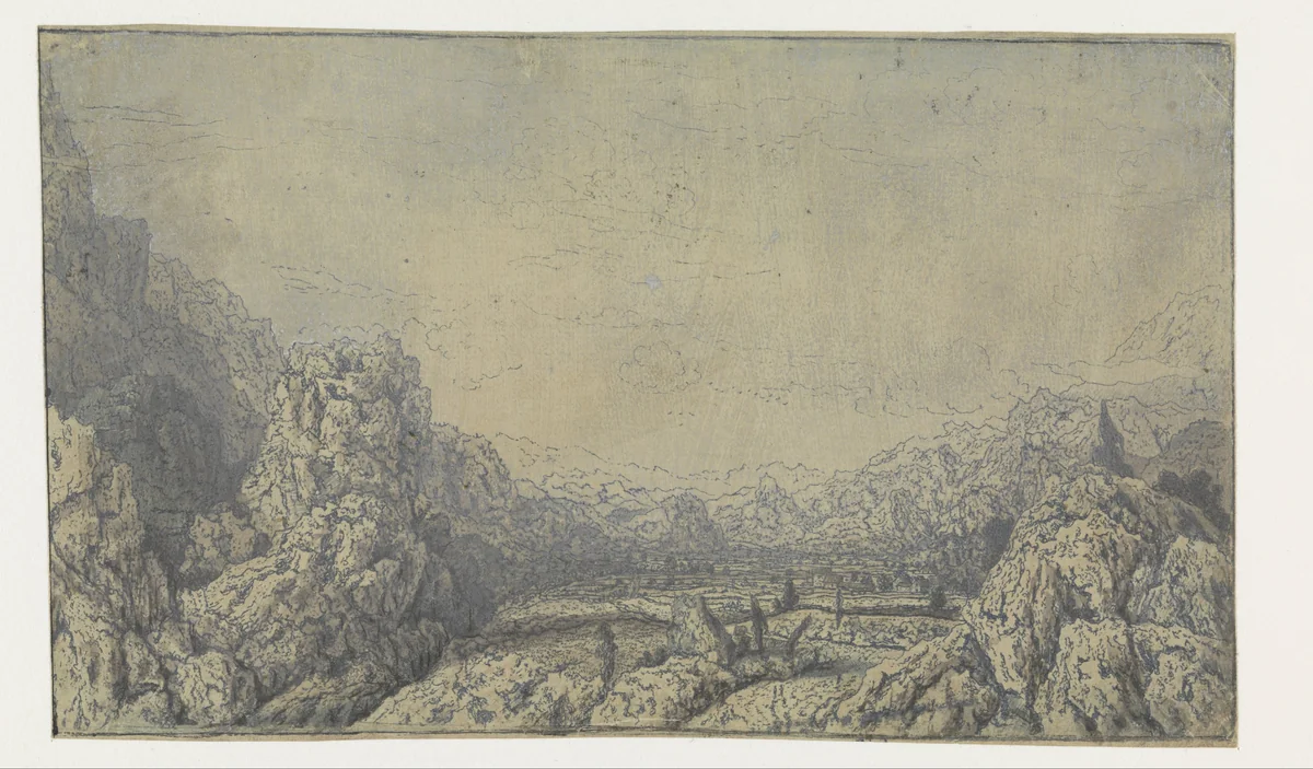 Dal omringd door bergen by Hercules Segers, print, 1625-1630