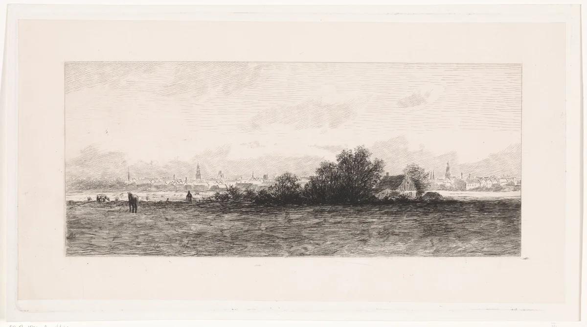Stadsgezicht met weilanden op de voorgrond by Elias Stark, print, 1859-1891