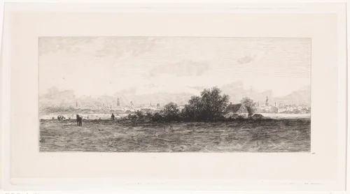 Stadsgezicht met weilanden op de voorgrond by Elias Stark, print, 1859-1891