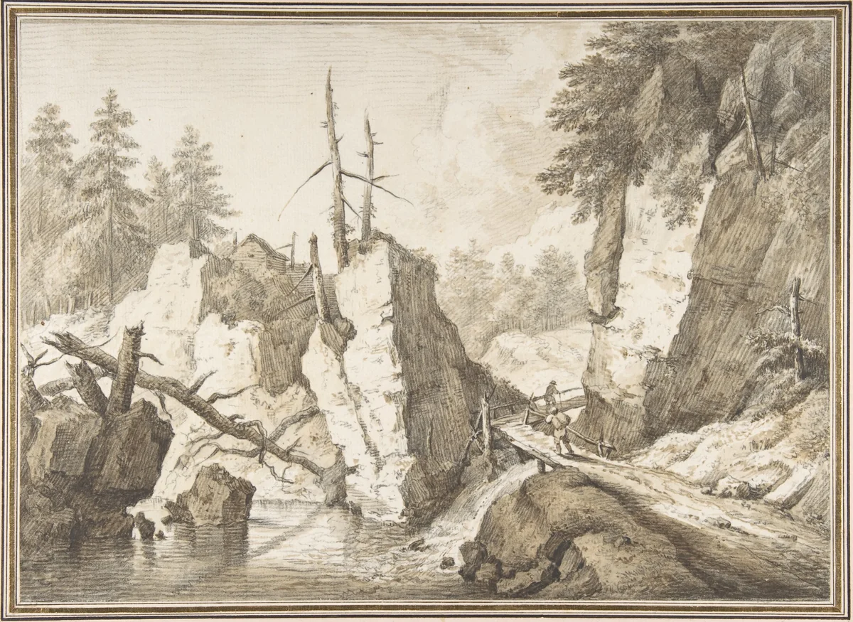 Swiss mountain landscape with small bridge spanning a brook by Franz Schütz, drawing, 1751-1781