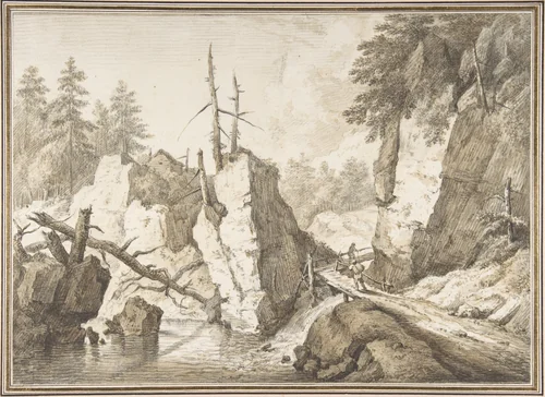 Swiss mountain landscape with small bridge spanning a brook by Franz Schütz, drawing, 1751-1781