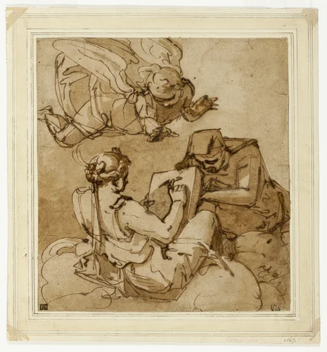 Allegorical Subject (Angel above Two Sibyls) by Luca Cambiaso, drawing, 1560-1565