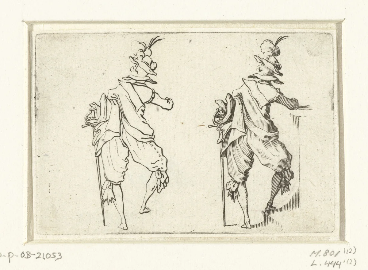 Tweemaal dezelfde man met mantel en zwaard, leunend op een muurtje, op de rug gezien by Jacques Callot, print, 1621