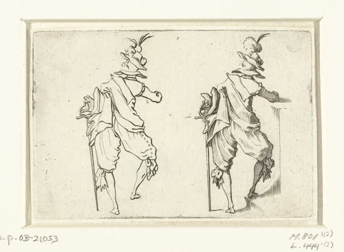 Tweemaal dezelfde man met mantel en zwaard, leunend op een muurtje, op de rug gezien by Jacques Callot, print, 1621