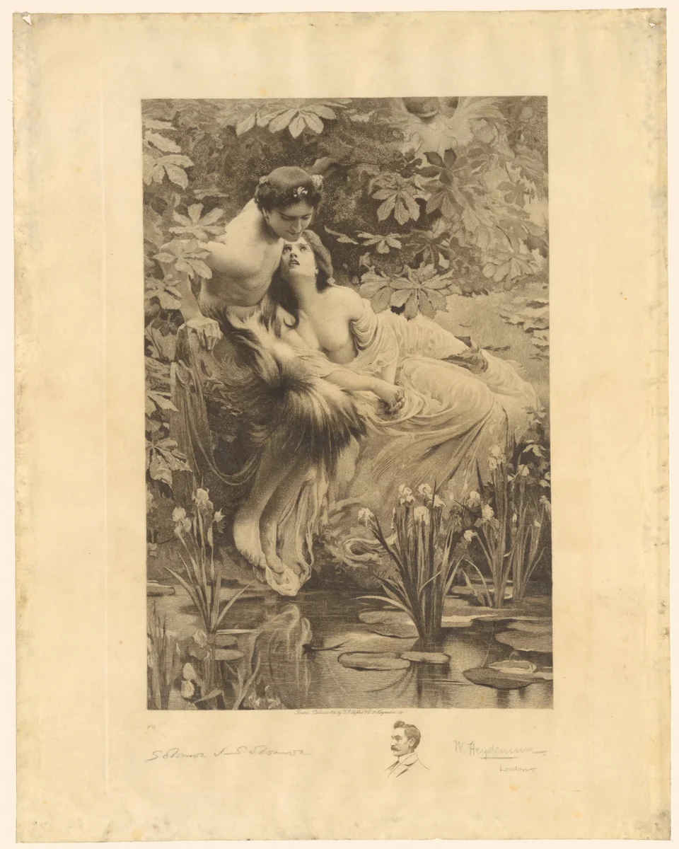 Reproductie van een prent naar een schilderij van Narcissus en Echo by anonymous, print, 1896-1913