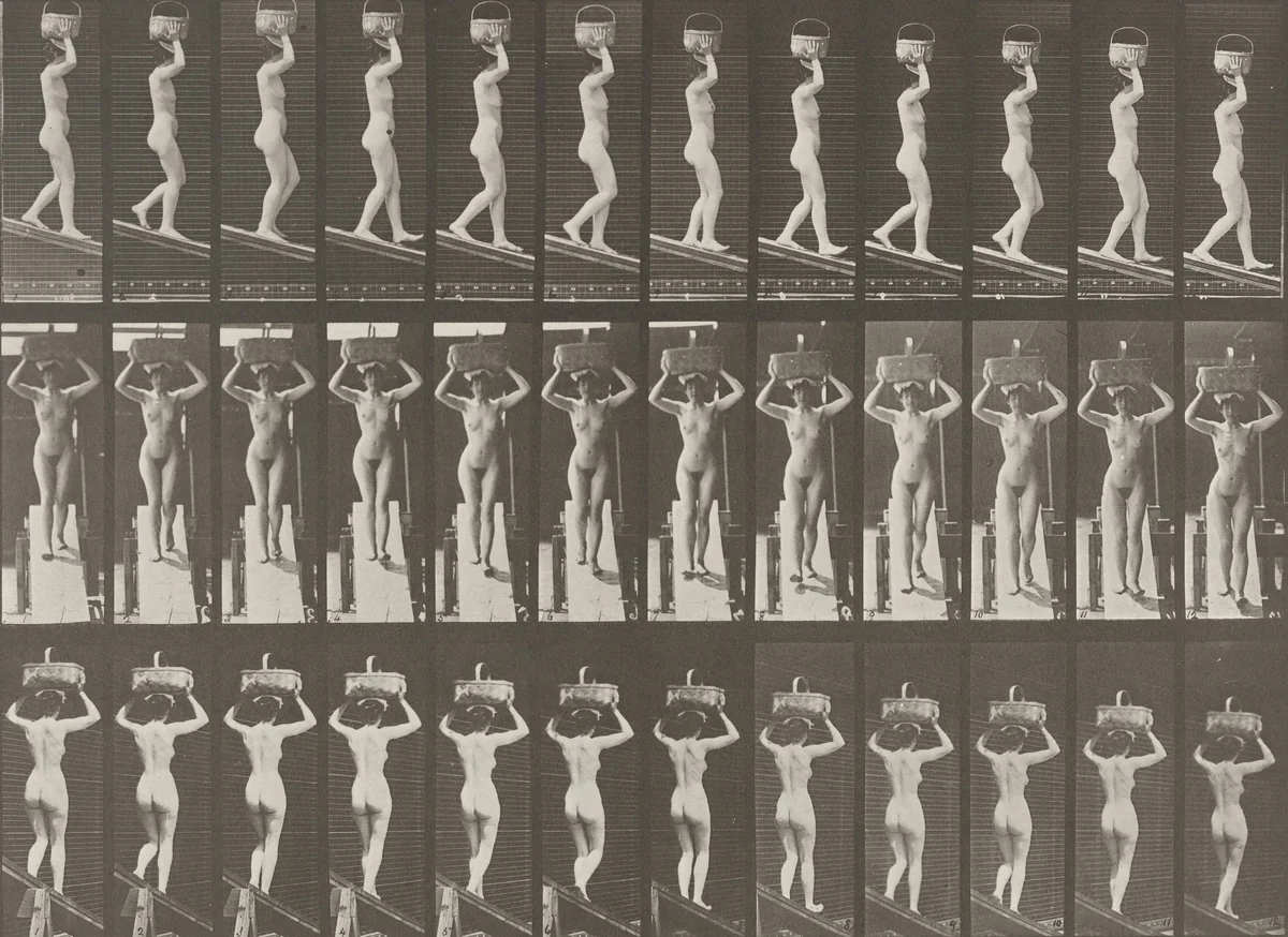 Woman Descending an Incline with a 20-lb. Basket on Head, Hands Raised: Plate 124 from Animal Locomotion (1887) by Eadweard Muybridge, photograph, 1884