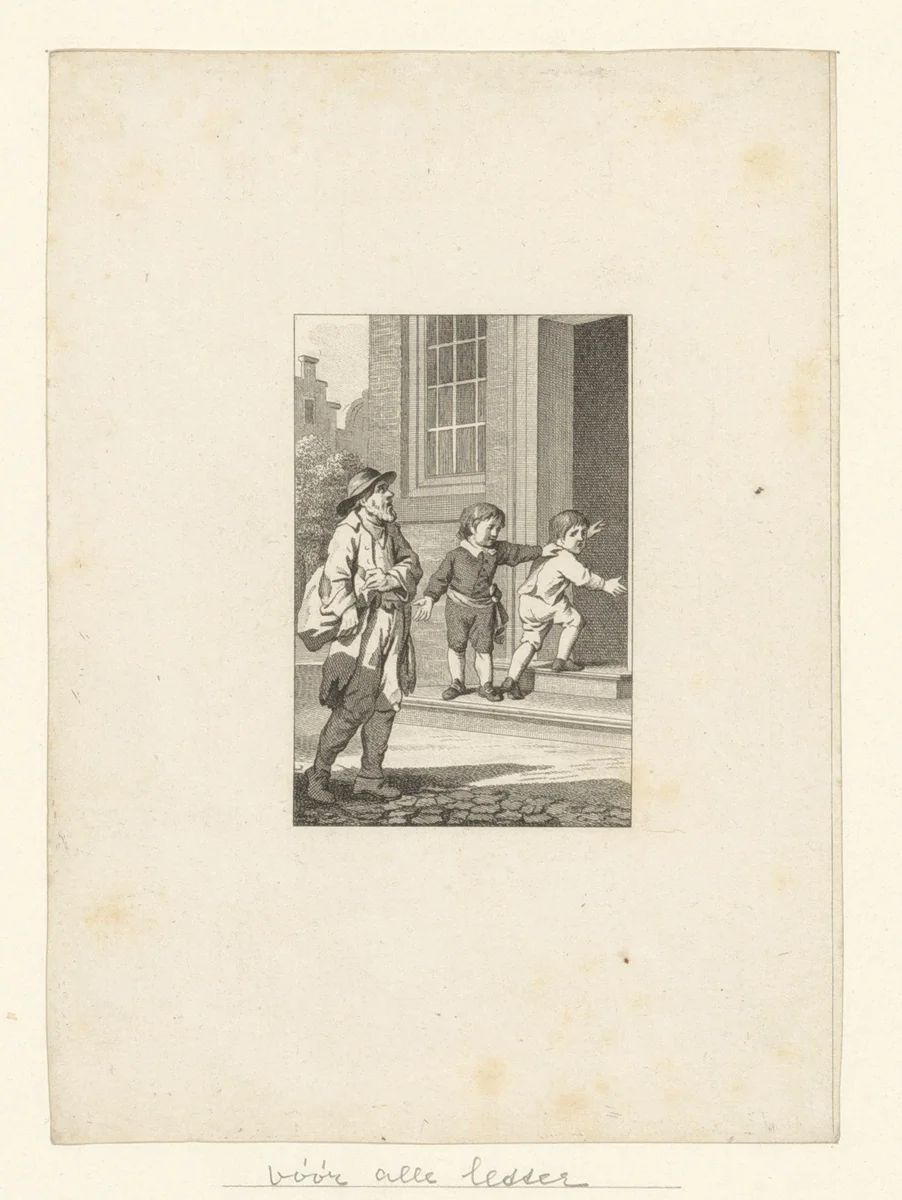 Twee kinderen en een bedelaar by anonymous, print, 1846